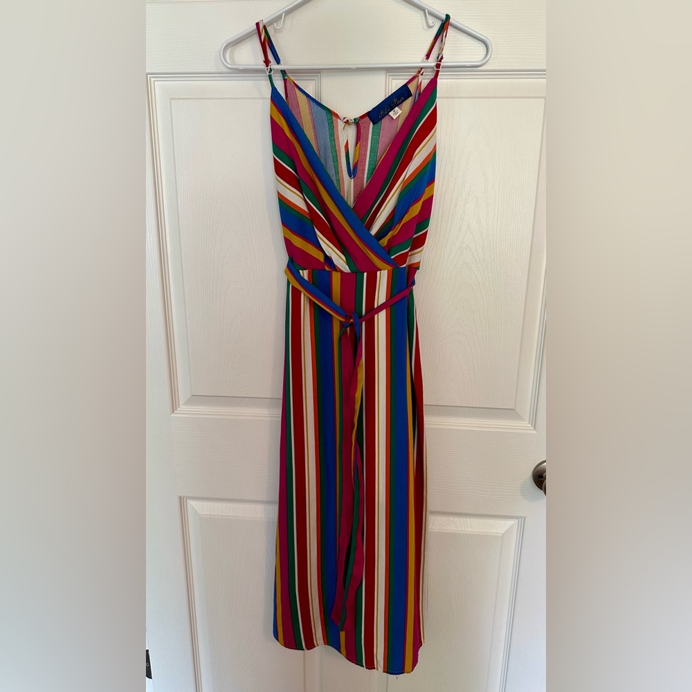 Blue Rain brand multi-colored striped midi dress with adjustable straps.